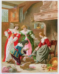 Askungen provar glasskon, från "Les Contes de Perrault" (kromolit)